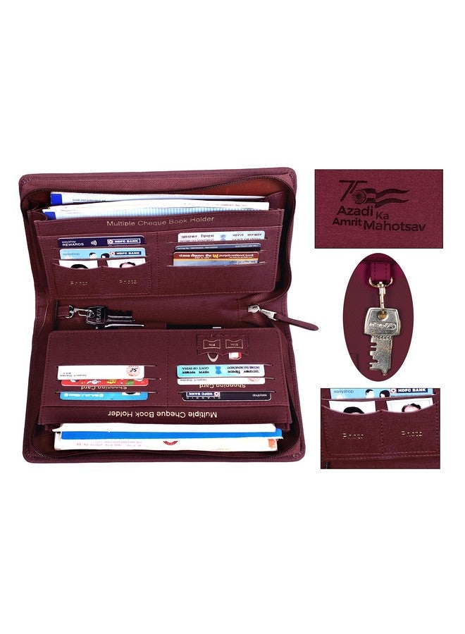 سوكشكرافت حامل دفتر شيكات متعدد من Sukeshcraft | مصنوع من مادة البولي يوريثين الأصلية، ويتسع لما يصل إلى 8 دفاتر شيكات، وخطاف مفاتيح الخزانة، وفتحتان للصور، وفتحة واحدة لبطاقة Pin-Sim، و13 فتحة لبطاقة الائتمان/الخصم مع سحاب مطابق (مادة البولي يوريثين -Redwine) - Image 5