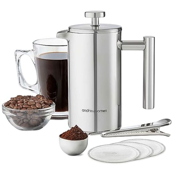 DOUBLE WALLED STAINLESS STEEL CAFETIERE GIFT SET WITH 3 MESH FILTERS COFFEE MEASURING SPOON AND BAG SEALING CLIP DELICIOUS FRENCH PRESS COFFEE EASY TO CLEAN 350ML STAINLESS STEEL