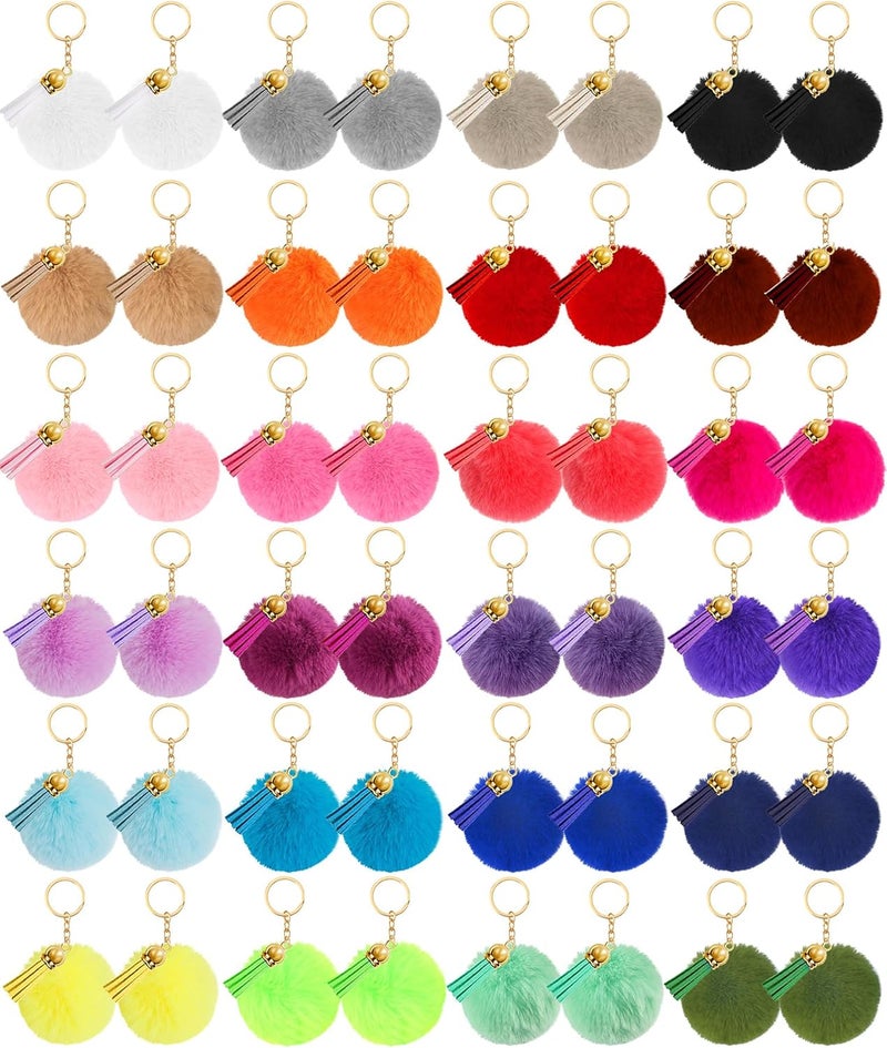 48 large batch wool ball keychains, fluffy design, soft and fluffy, faux leather, tassel accessories and keychains, suitable for women and girls, gold hanging buckle, 2.4 inches - Image 1