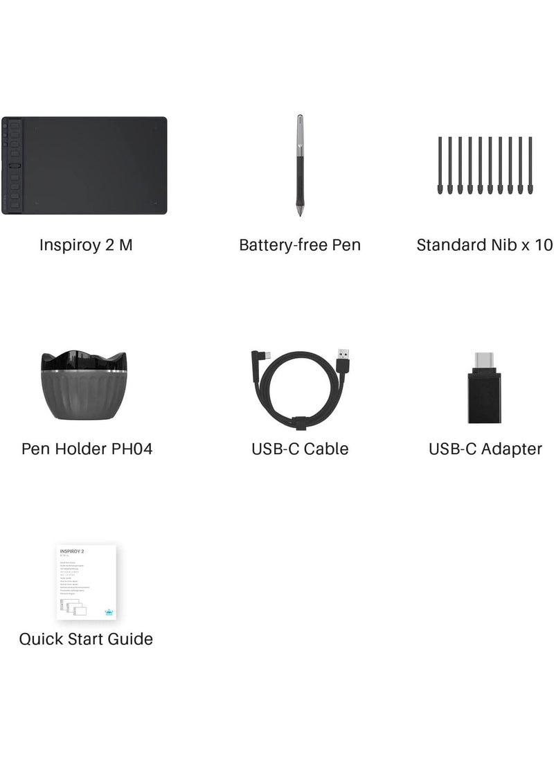 HUION - Inspiroy 2 Medium Drawing Tablet with Scroll Wheel 3-Set 8 Customized Keys Battery-Free Stylus for Digital Art, Design, Sketch, 9x5inch Graphics Tablet Works with Mac, PC & Mobile, Black - Image 1