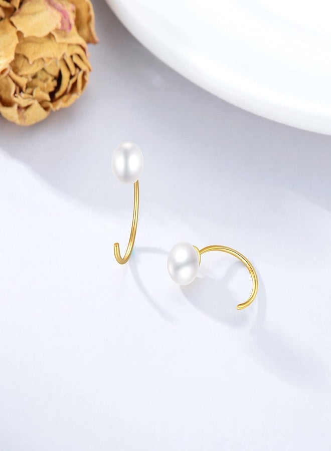 SISGEM 14K Yellow Gold Half Hoops Pearl Earrings for Women, Delicate Gold Freshwater Pearl Cuff Wrap Piercing Hoop Studs Earrings Hypoallergenic Ear Jacket Jewelry for Mom, Wife 10MM (Freshwater Pearl) - Image 3
