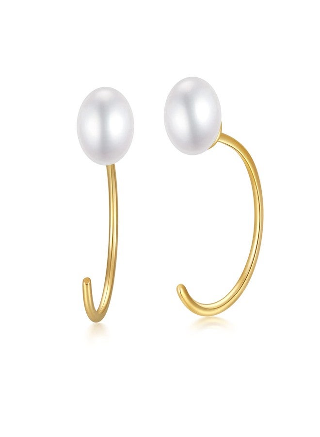 SISGEM 14K Yellow Gold Half Hoops Pearl Earrings for Women, Delicate Gold Freshwater Pearl Cuff Wrap Piercing Hoop Studs Earrings Hypoallergenic Ear Jacket Jewelry for Mom, Wife 10MM (Freshwater Pearl) - Image 1