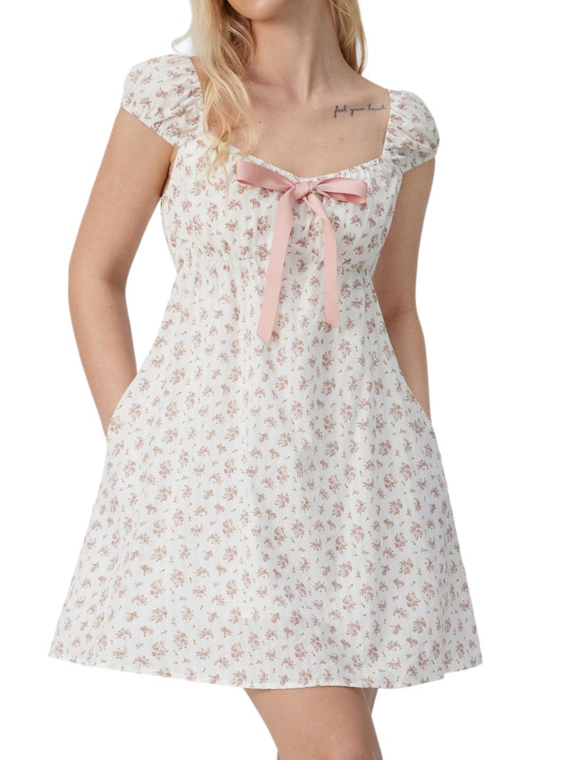CIDER Womenâ€˜s Floral Square Neck Short Sleeve Mini Dress with Pockets Cute Babydoll Summer Outfit: Cream, S - Image 4