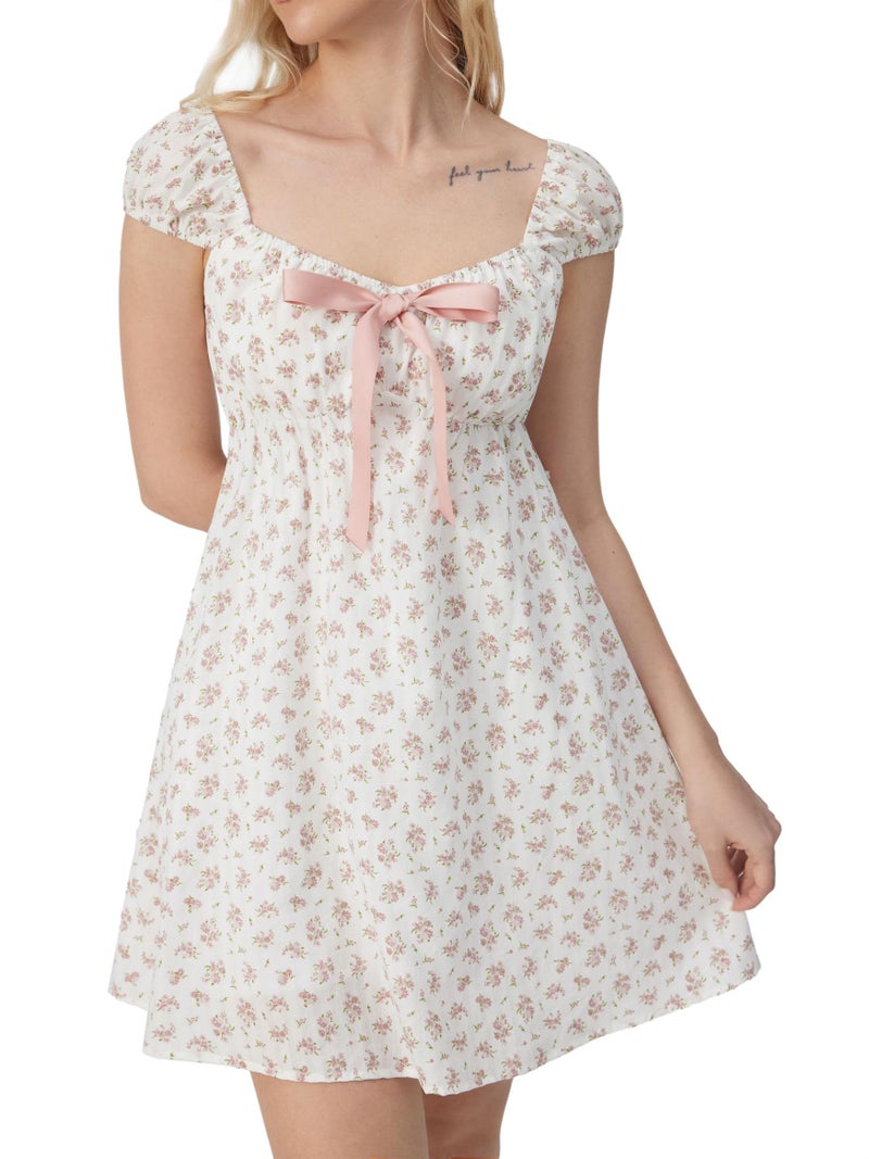CIDER Womenâ€˜s Floral Square Neck Short Sleeve Mini Dress with Pockets Cute Babydoll Summer Outfit: Cream, S - Image 2