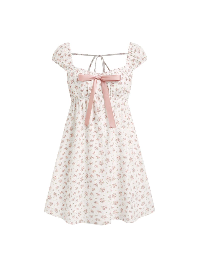 CIDER Womenâ€˜s Floral Square Neck Short Sleeve Mini Dress with Pockets Cute Babydoll Summer Outfit: Cream, S - Image 1