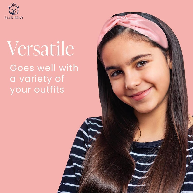 SILVR BEAR Satin Hairband | Pack of 2 | Aesthetic Turban Hairband Korean Style Twisted Cross Knot Head Band for Women | Fabric Elastic hair band for women (Gray + Pink For Girls Age 5 to 12) - Image 4