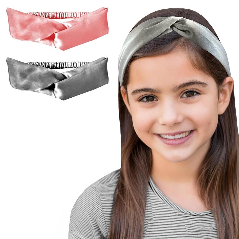 SILVR BEAR Satin Hairband | Pack of 2 | Aesthetic Turban Hairband Korean Style Twisted Cross Knot Head Band for Women | Fabric Elastic hair band for women (Gray + Pink For Girls Age 5 to 12) - Image 1