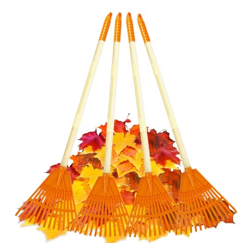 POMIKU Kids Rakes 4 Pieces 31 Heavy Duty Lawn Tool for Leaves Child Size Plastic Head  Wooden Handle Gardening Tools for Boys Girls Gifts Age 3 Year Old and Up - Image 1