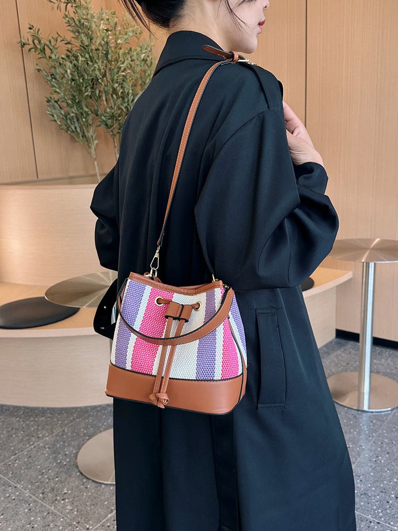Striped Color-Blocked Bucket Bag For Women 2023 Japanese And Korean Fashion Niche Single Shoulder Crossbody Bucket Bag - Image 4