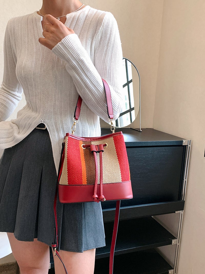 Striped Color-Blocked Bucket Bag For Women 2023 Japanese And Korean Fashion Niche Single Shoulder Crossbody Bucket Bag - Image 2