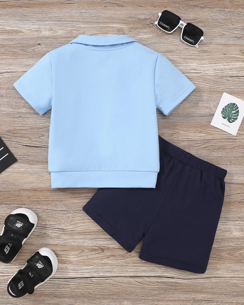 ZOEREA Toddler Baby Boy Clothes Summer Outfits Short Sleeve Solid Elastic Sweatshirt and Shorts 2 Piece Sweatsuit Set Blue 3-4T - Image 2