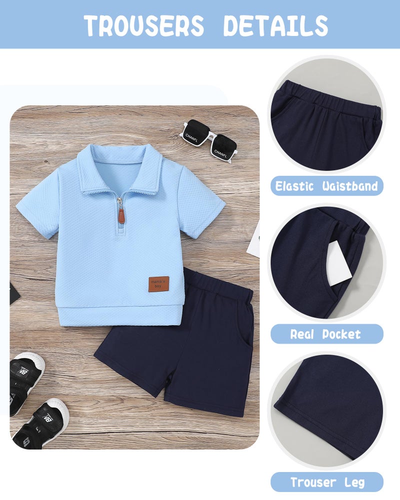 ZOEREA Toddler Baby Boy Clothes Summer Outfits Short Sleeve Solid Elastic Sweatshirt and Shorts 2 Piece Sweatsuit Set Blue 3-4T - Image 4