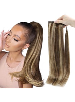 Full Shine Hair Extensions Clip In Ponytail Human Hair Extensions Wrap Around Ponytail Hair Extensions Straight Hair Medium Brown Highlights Honey Blonde 70Grams 12Inch  - Image 1
