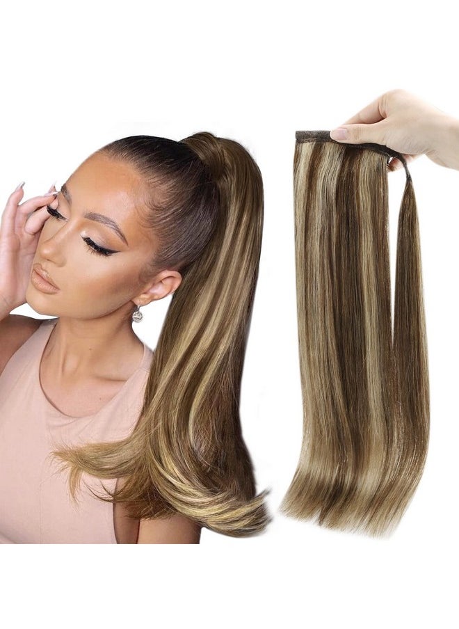 Full Shine Hair Extensions Clip In Ponytail Human Hair Extensions Wrap Around Ponytail Hair Extensions Straight Hair Medium Brown Highlights Honey Blonde 70Grams 12Inch  - Image 1