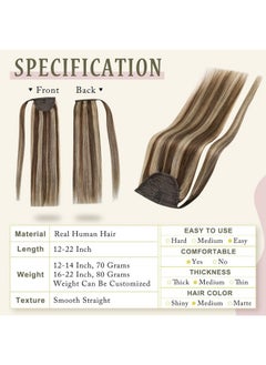 Full Shine Hair Extensions Clip In Ponytail Human Hair Extensions Wrap Around Ponytail Hair Extensions Straight Hair Medium Brown Highlights Honey Blonde 70Grams 12Inch  - Image 3