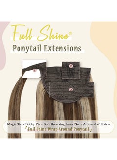 Full Shine Hair Extensions Clip In Ponytail Human Hair Extensions Wrap Around Ponytail Hair Extensions Straight Hair Medium Brown Highlights Honey Blonde 70Grams 12Inch  - Image 2