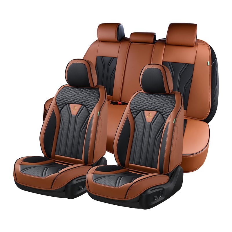 FLORICH Leather Seat Covers, Seat Covers Full Set, Car Seat Protectors 5 Seats,Automotive Seat Covers Fit for Most Cars Trucks-Brown&Black - Image 1