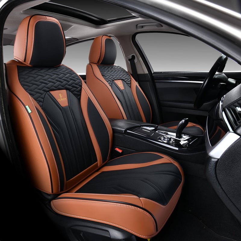 FLORICH Leather Seat Covers, Seat Covers Full Set, Car Seat Protectors 5 Seats,Automotive Seat Covers Fit for Most Cars Trucks-Brown&Black - Image 2