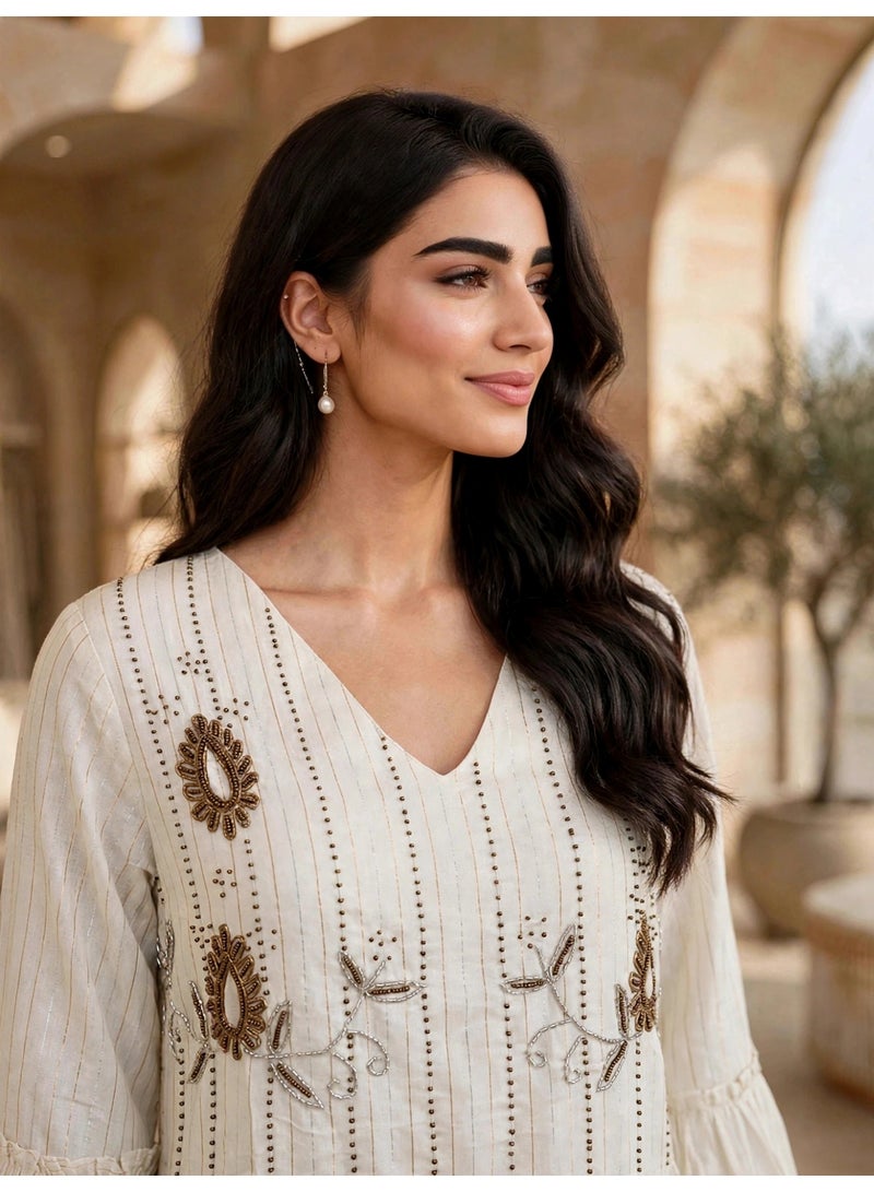 IKKXA Embroidered Tiered Long-Sleeve Jalabiya IKTT05White - Image 2