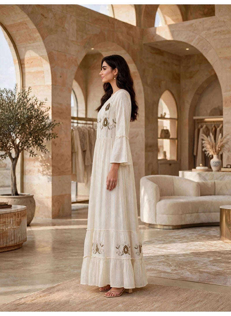 IKKXA Embroidered Tiered Long-Sleeve Jalabiya IKTT05White - Image 4