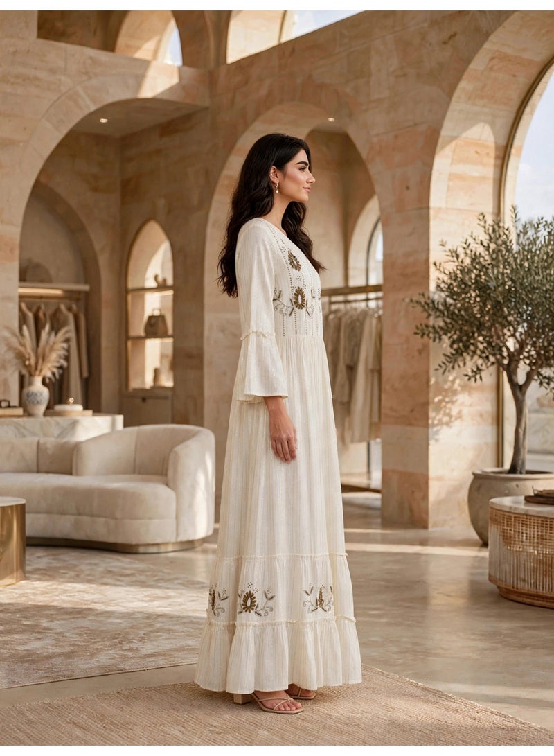 IKKXA Embroidered Tiered Long-Sleeve Jalabiya IKTT05White - Image 3