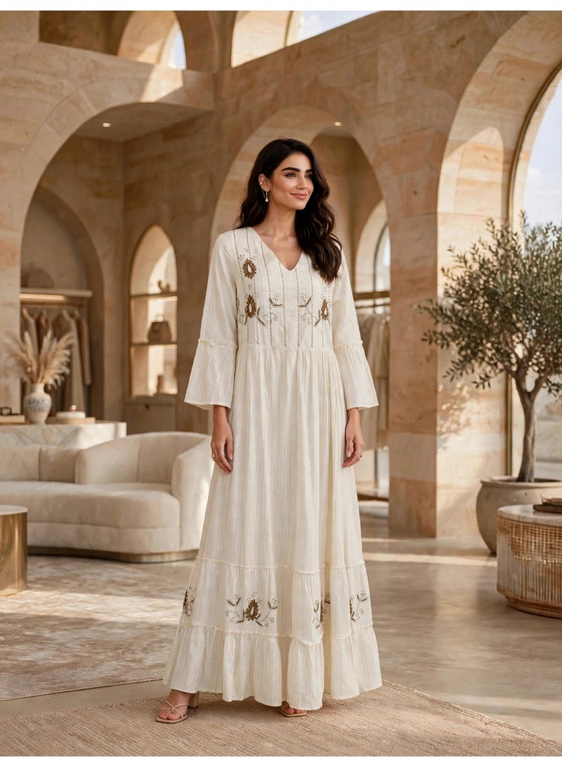 IKKXA Embroidered Tiered Long-Sleeve Jalabiya IKTT05White - Image 1
