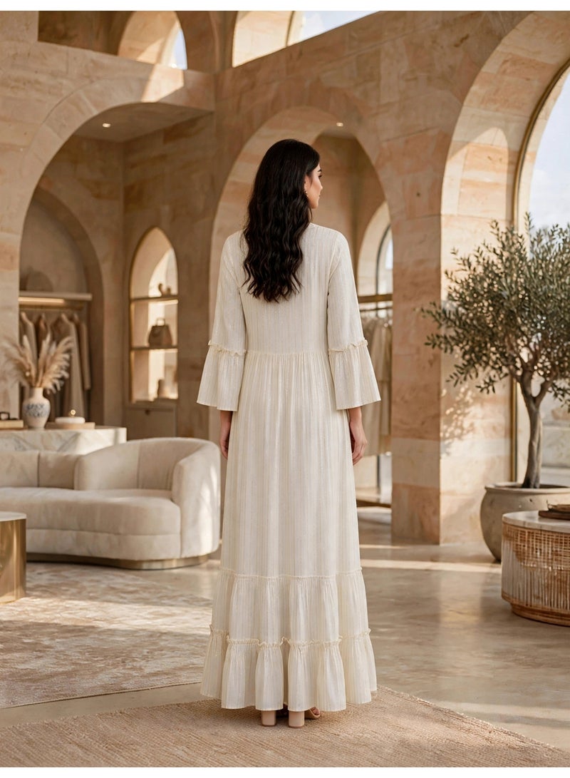 IKKXA Embroidered Tiered Long-Sleeve Jalabiya IKTT05White - Image 5