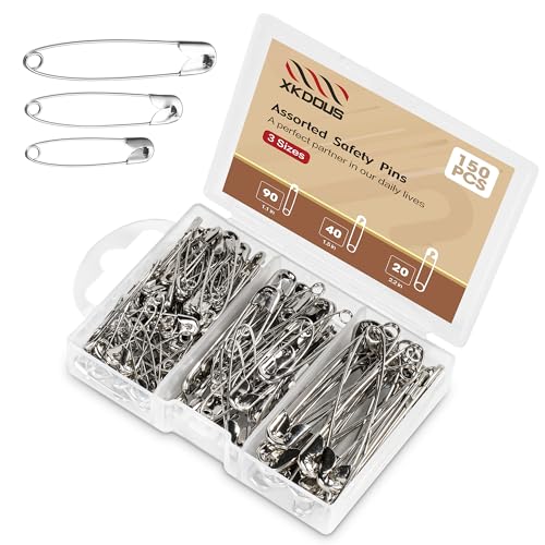 XKDOUS Safety Pins - 150 Pcs Assorted Sizes Silver Pins Bulk - Small & Large Heavy Duty for Clothes, Sewing, Craft - Image 1