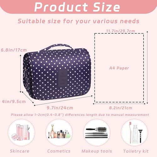 YEMEDA Toiletry Bag Travel Bag with Hanging Hook Waterproof Capacity Hanging Multifunctional Makeup Bag for Toiletries Portable Cosmetic Bag Travel Organizer for Women and MenNavy Dot - Image 3