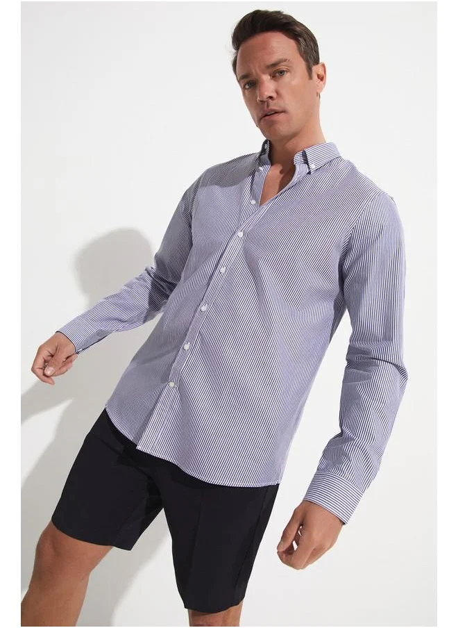 جون June Exclusive Men Regular Fit Long Sleeve Striped Shirt White - Dark Blue