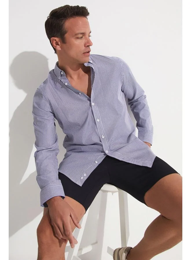 جون June Exclusive Men Regular Fit Long Sleeve Striped Shirt White - Dark Blue