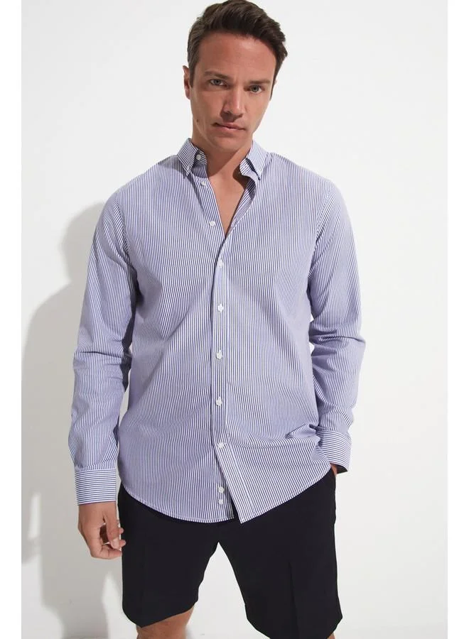 جون June Exclusive Men Regular Fit Long Sleeve Striped Shirt White - Dark Blue
