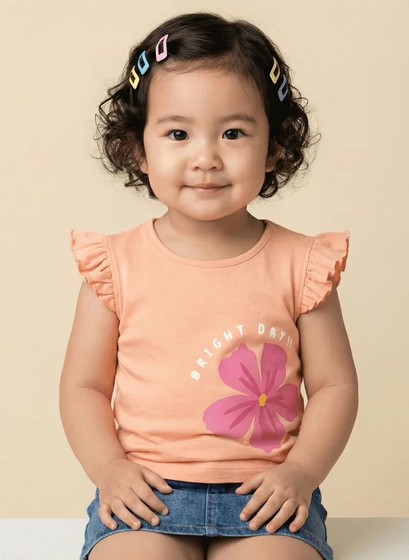 Nautinati Nautinati Baby Girls' 100% Cotton Pack of 2 Floral Placement & Graphic Print Tops with Cute Frill Sleeves