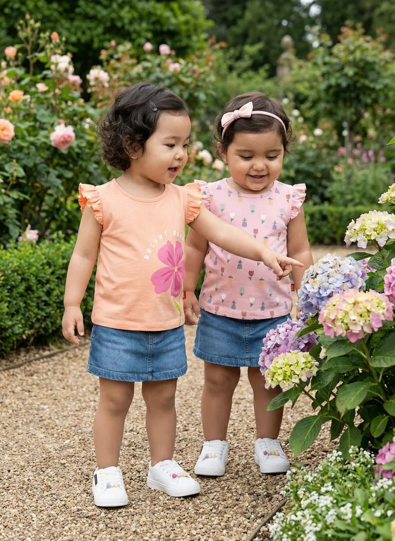 Nautinati Nautinati Baby Girls' 100% Cotton Pack of 2 Floral Placement & Graphic Print Tops with Cute Frill Sleeves