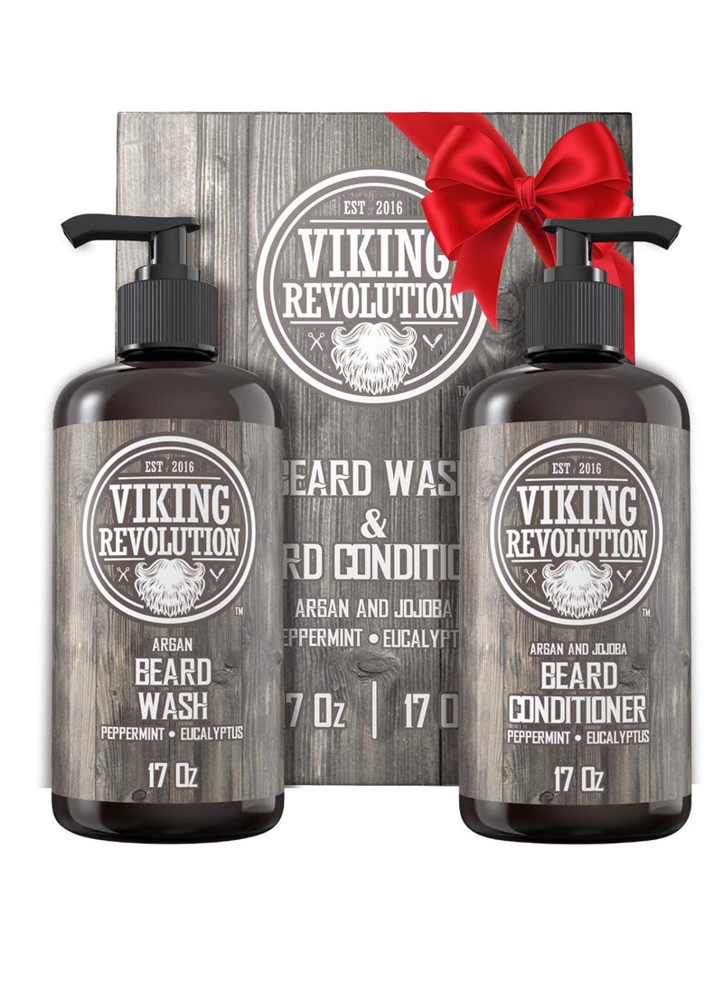 Viking Revolution Viking Revolution Beard Wash & Conditioner Set w/Argan & Jojoba Oils – Softens, Smooths & Strengthens Beard Growth - Natural Peppermint and Eucalyptus Scent - Shampoo (17 oz)  - Image 1