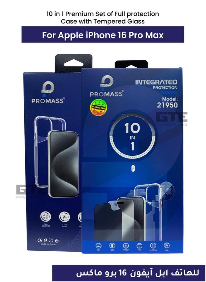 PROMASS 10 in 1 Premium Set of Full protection Case with Tempered Glass For iPhone 16 Pro Max-Clear 