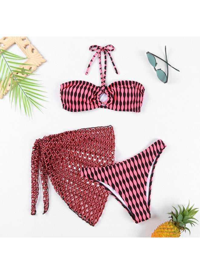Generic Jinrui Swimsuit Women's Special Fabric Two-color Cloth Swimsuit Special Mesh Three-piece Bikini-Color:Pink Black Two-tone-Size:M - Image 1