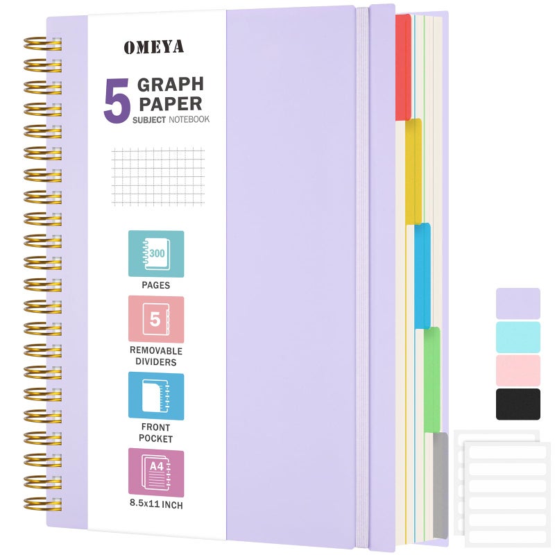 OMEYA Graph Paper Notebook: 5 Subject Graphing Notebook with Removable Dividers, 300 Pages 100gsm Thick Spiral Grid Notebooks, 5x5 Graph Ruled Paper, Large A4 Journal for School Work Women Men, 8.5" X 11" - Image 1