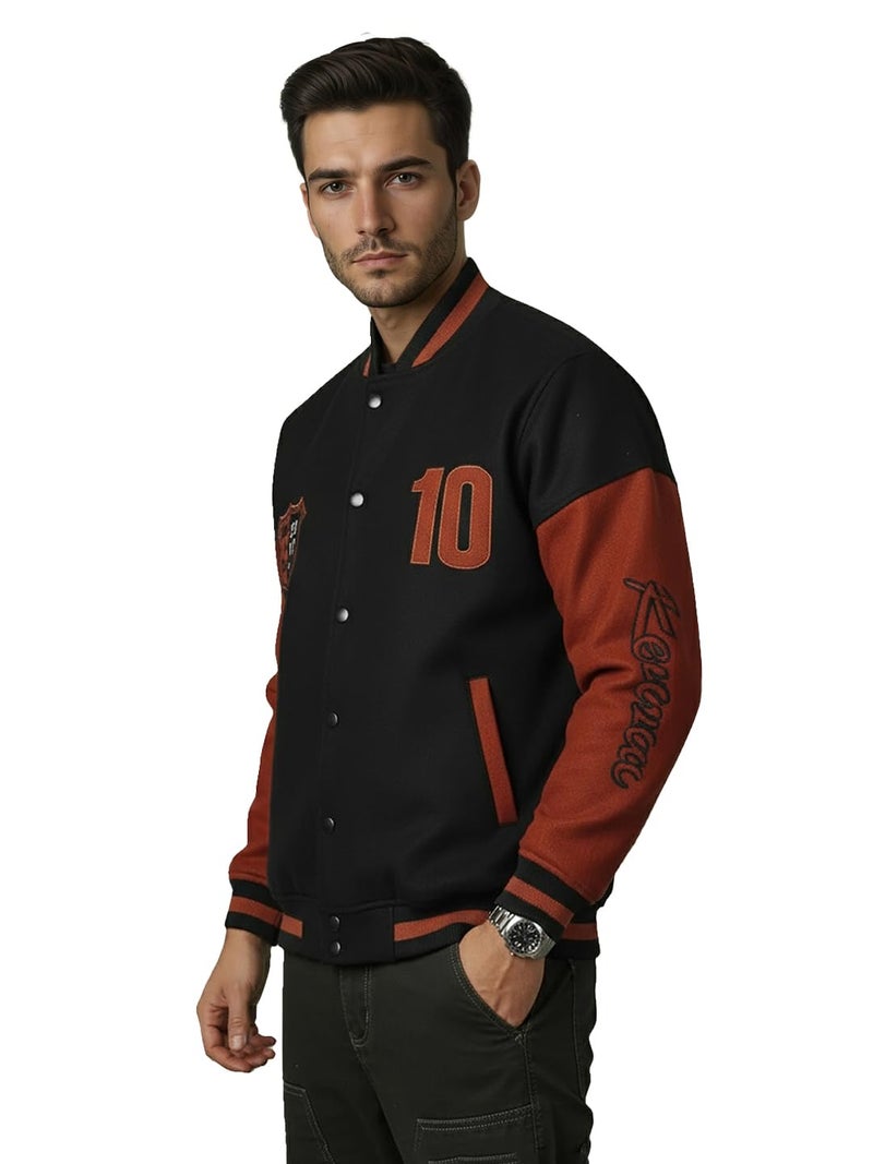 CHKOKKO Men’s Oversized Varsity Jacket with Snap Button Closure and Patch Design Trendy Comfortable Outerwear for College Travel and Casual Wear BlackRust XL - Image 1