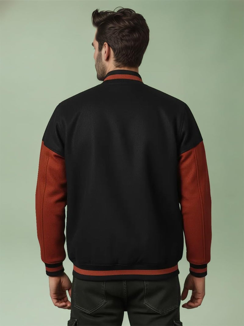 CHKOKKO Men’s Oversized Varsity Jacket with Snap Button Closure and Patch Design Trendy Comfortable Outerwear for College Travel and Casual Wear BlackRust XL - Image 3