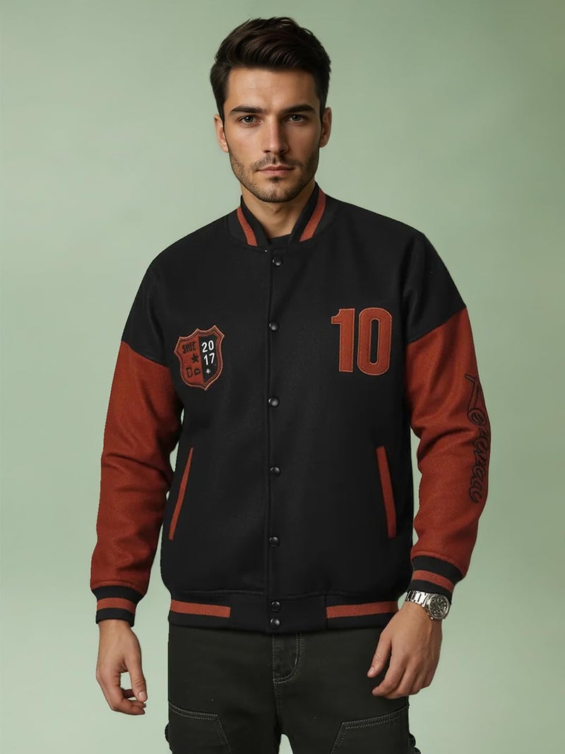 CHKOKKO Men’s Oversized Varsity Jacket with Snap Button Closure and Patch Design Trendy Comfortable Outerwear for College Travel and Casual Wear BlackRust XL - Image 4
