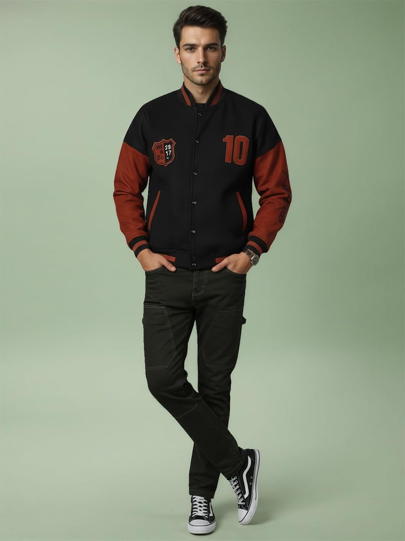 CHKOKKO Men’s Oversized Varsity Jacket with Snap Button Closure and Patch Design Trendy Comfortable Outerwear for College Travel and Casual Wear BlackRust XL - Image 5