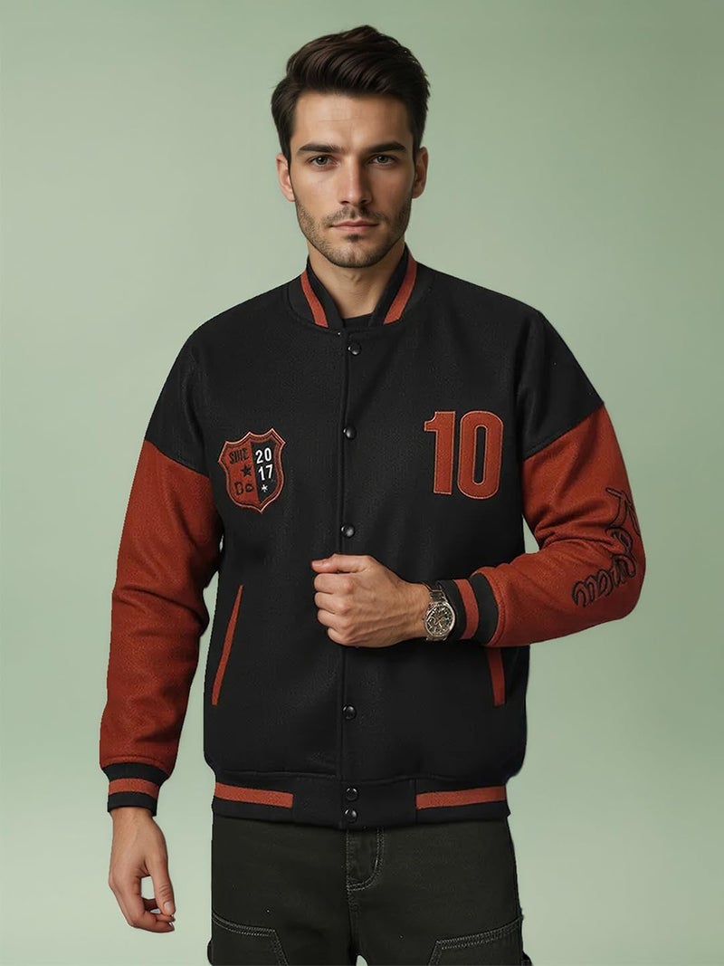 CHKOKKO Men’s Oversized Varsity Jacket with Snap Button Closure and Patch Design Trendy Comfortable Outerwear for College Travel and Casual Wear BlackRust XL - Image 2