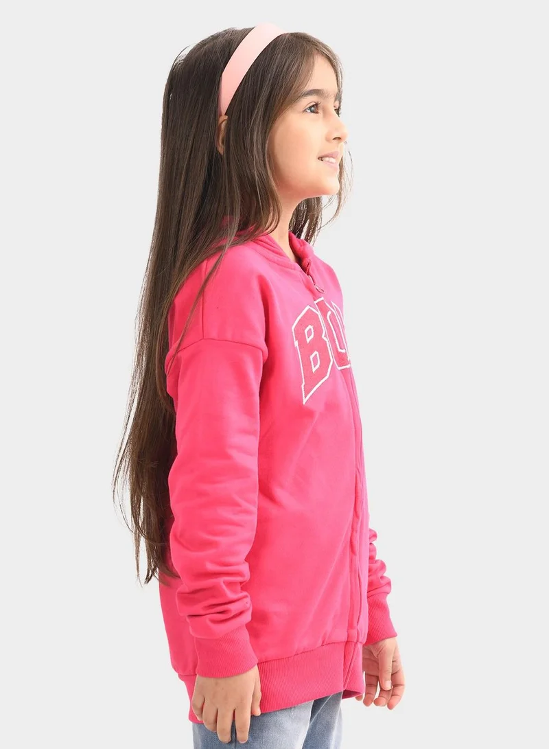 Bonkids Regular Fit Printed Pink Cotton Sweatshirt For Girls Round Neck Flat Collar Pull On 100 % Cotton