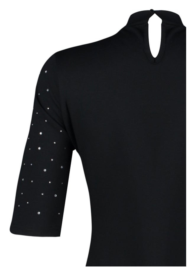 trendyol - Black Adhesive Stone Detail Interlock Mini Knitted Dress TWOAW24EL00395. - Image 1