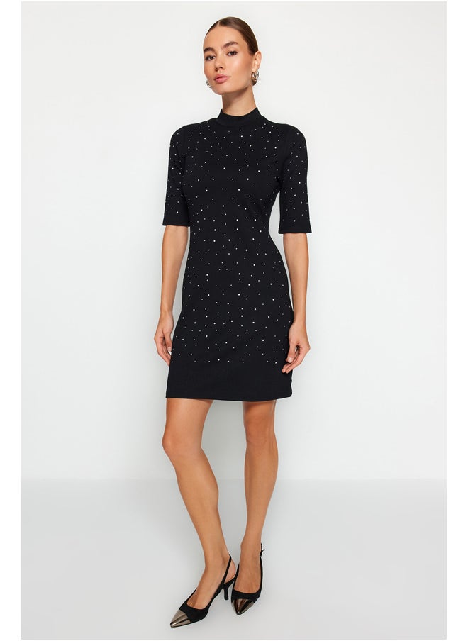 trendyol - Black Adhesive Stone Detail Interlock Mini Knitted Dress TWOAW24EL00395. - Image 1