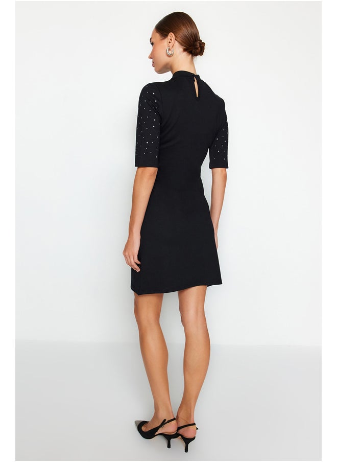 trendyol - Black Adhesive Stone Detail Interlock Mini Knitted Dress TWOAW24EL00395. - Image 1