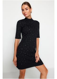 Black Adhesive Stone Detail Interlock Mini Knitted Dress TWOAW24EL00395.