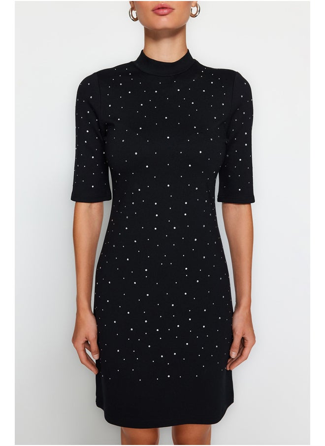 trendyol - Black Adhesive Stone Detail Interlock Mini Knitted Dress TWOAW24EL00395. - Image 1