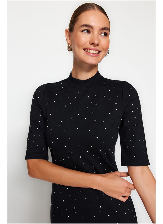 trendyol - Black Adhesive Stone Detail Interlock Mini Knitted Dress TWOAW24EL00395. - Image 1